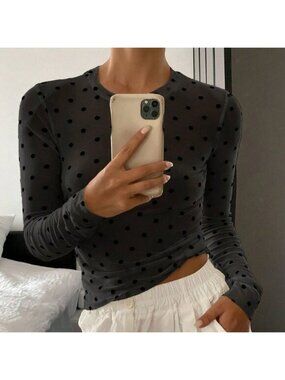 Black Casual Women's Polka Dot Fitted Crew Neck Long Sleeve Sheer Blouse
